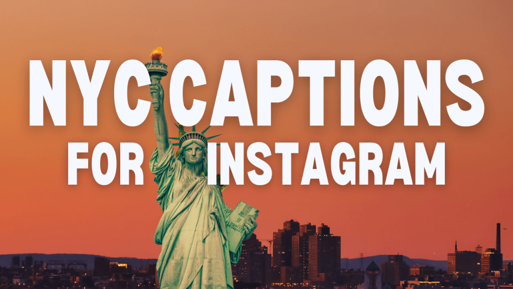 Statue of Liberty with text NYC Captions for Instagram against a sunset sky.