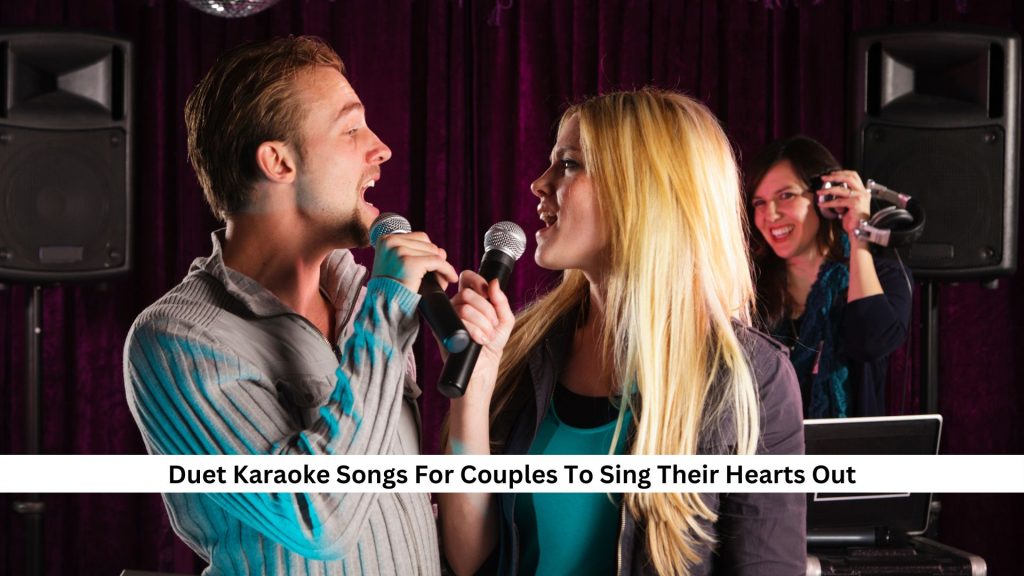 Couple singing duet karaoke with DJ in background, enjoying music night.