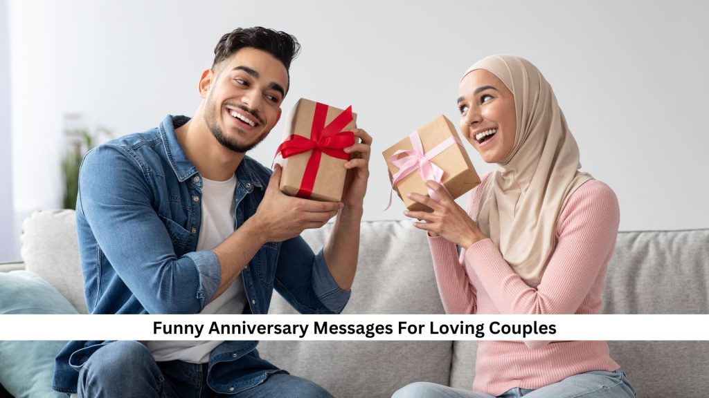 Couple exchanging gifts, celebrating anniversary with joy and laughter, holding present boxes wrapped with ribbons.