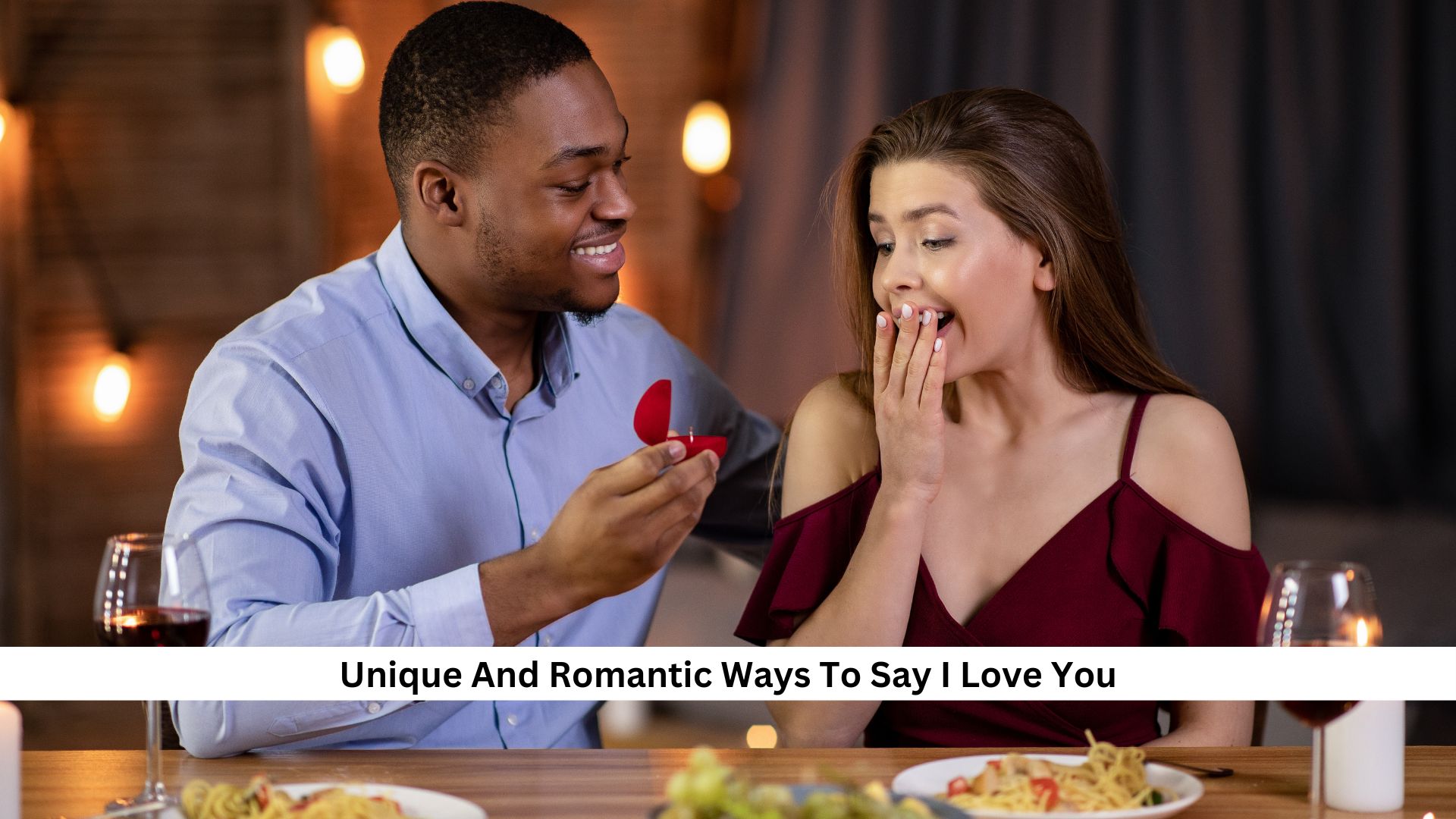 Man proposing to surprised woman at romantic dinner, holding ring box with heartfelt expression.